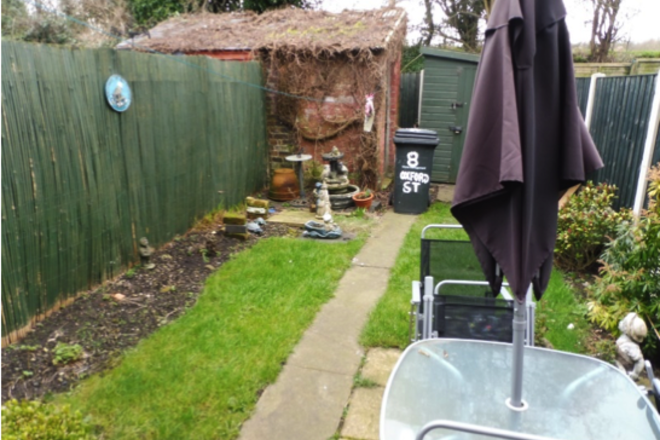 garden with shed and umbrella