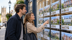 couple looking at estate agent properties