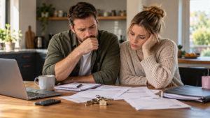 Couple sitting at a table looking worried